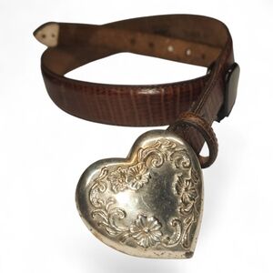Tony Lama Western Belt Sz28 Brown Embossed Leather with Silver-Tone Heart Buckle